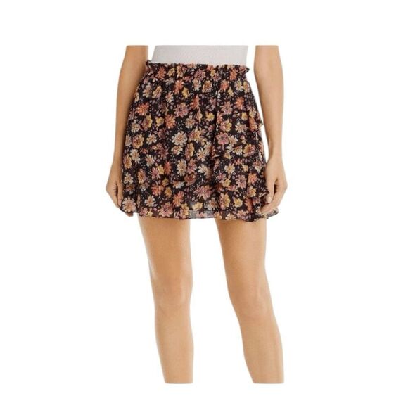 Aqua Bloomingdales Tapestry Floral Mini Skirt Black Layered Ruffles Pull-On M - Picture 1 of 9